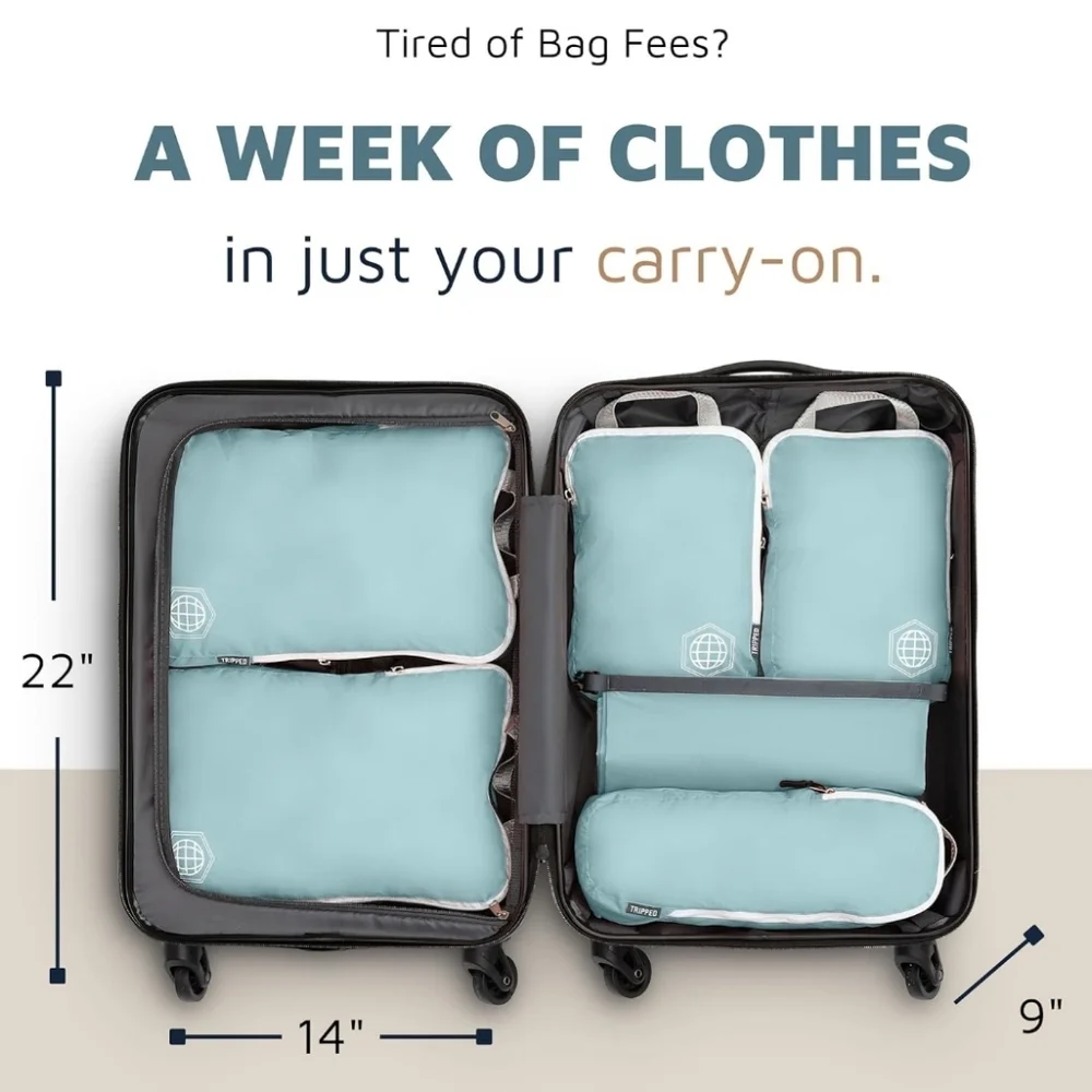TRIPPED Compression Packing Cubes - 6-Piece Travel Essential Set - Teal